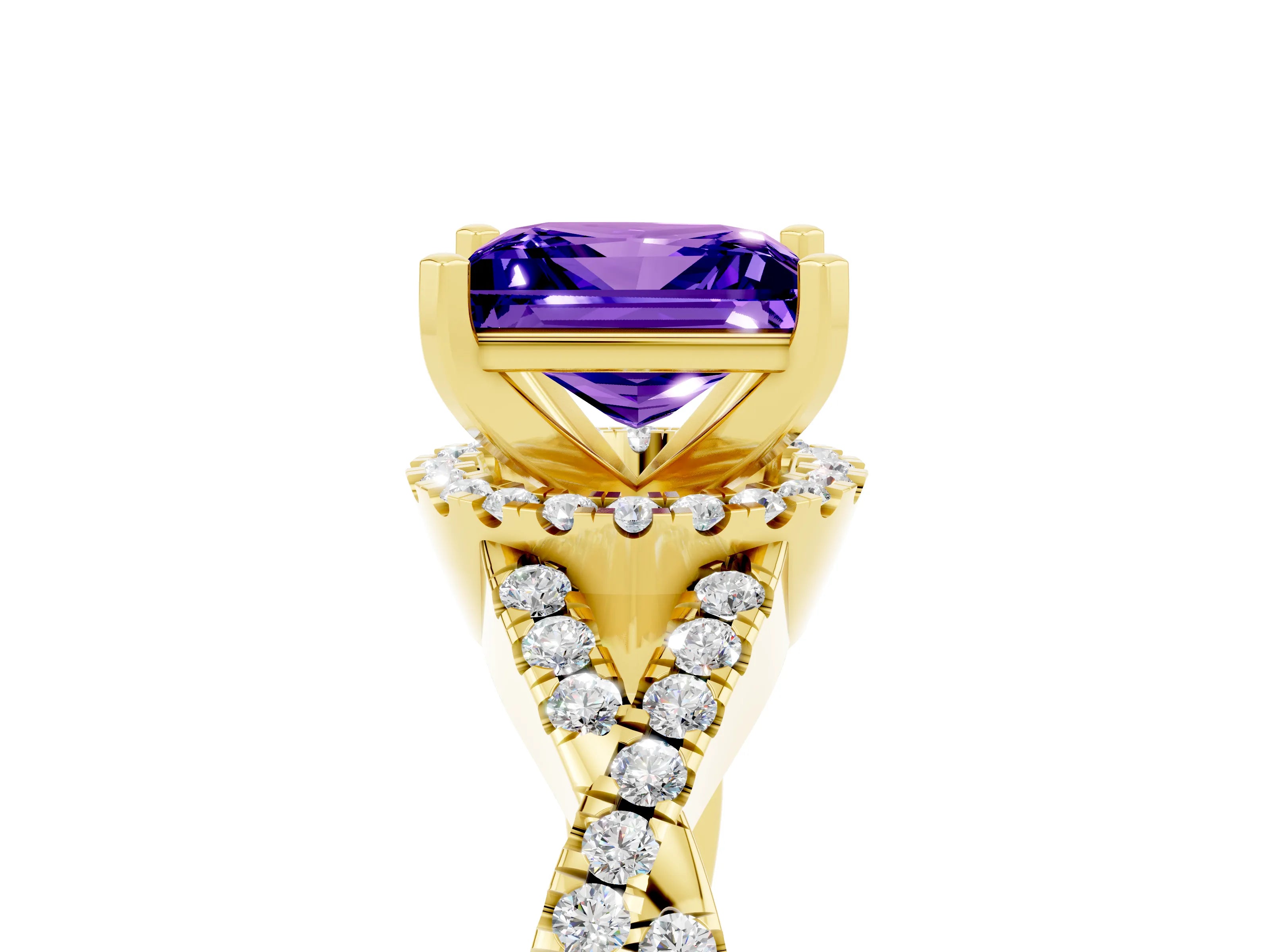 Yellow gold Princess Cut Tanzanite Halo Twist Band Solitaire Prong Setting Ring_5