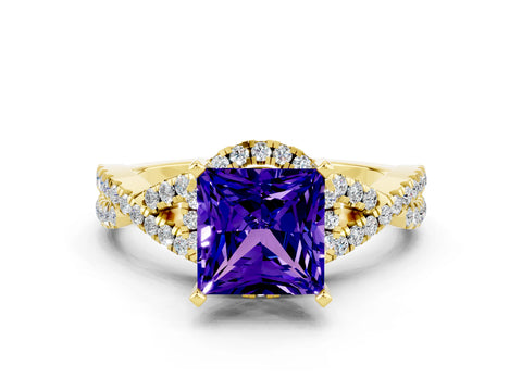 Yellow gold Princess Cut Tanzanite Halo Twist Band Solitaire Prong Setting Ring
