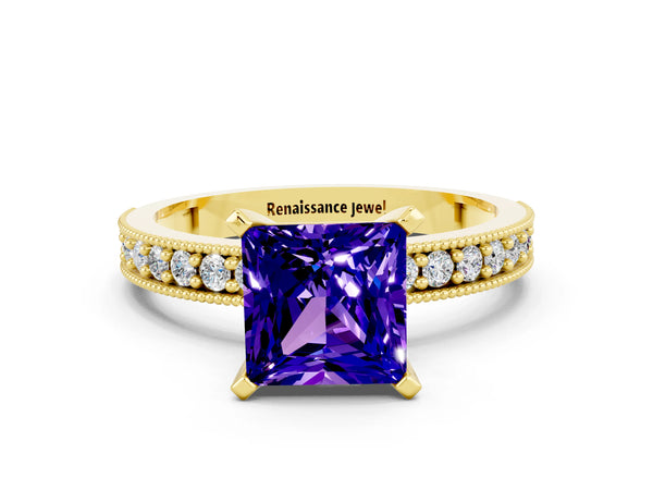 Yellow gold Princess Cut Tanzanite Milgrain Pavé Engagement Ring with Four-Prong Setting