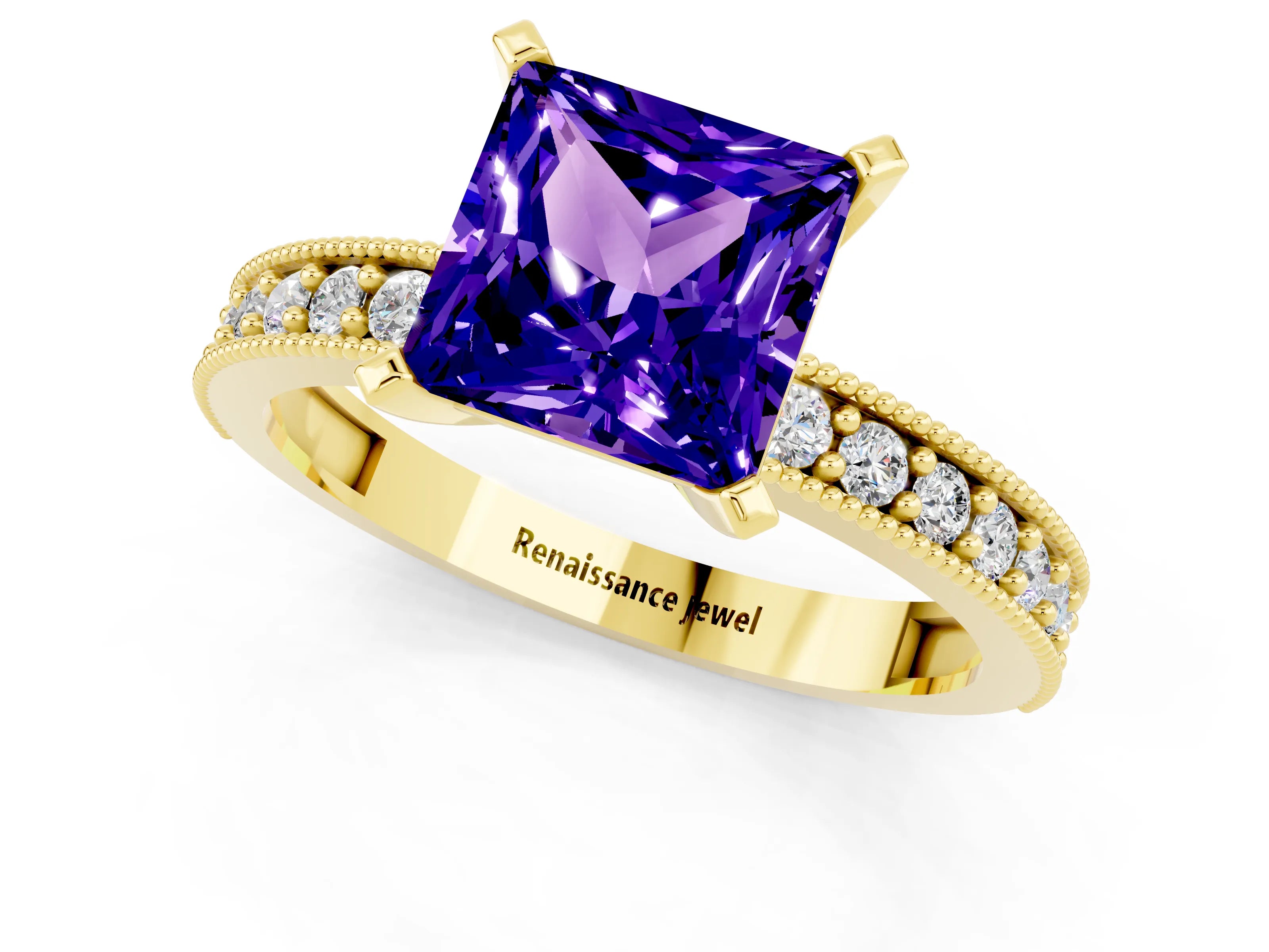 Yellow gold Princess Cut Tanzanite Milgrain Pavé Engagement Ring with Four-Prong Setting_13