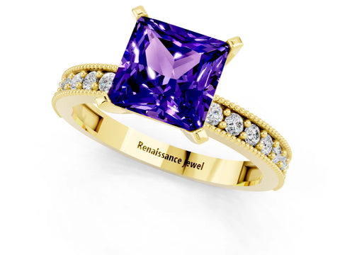 Yellow gold Princess Cut Tanzanite Milgrain Pavé Engagement Ring with Four-Prong Setting_13