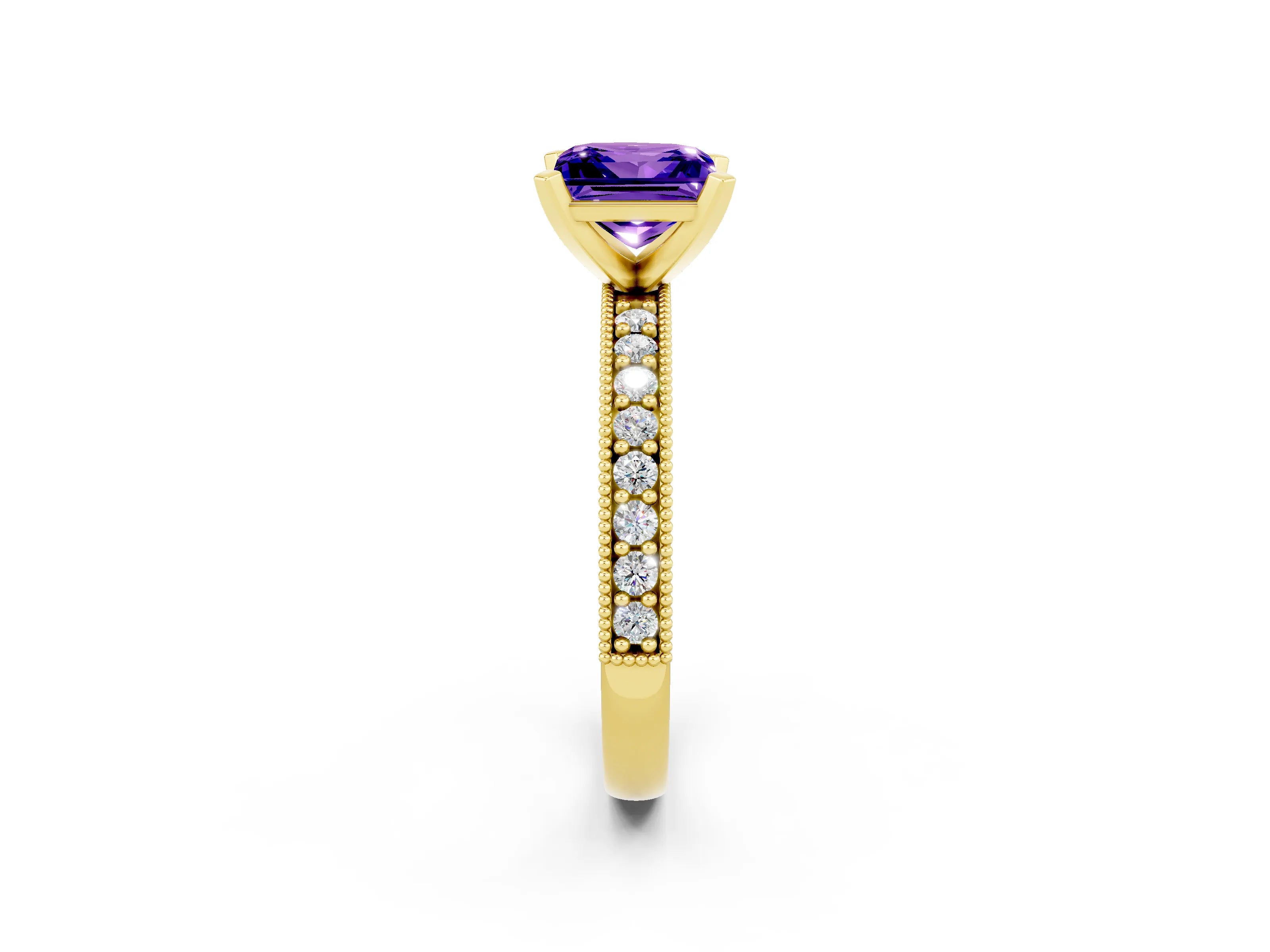 Yellow gold Princess Cut Tanzanite Milgrain Pavé Engagement Ring with Four-Prong Setting_14