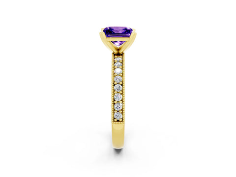 Yellow gold Princess Cut Tanzanite Milgrain Pavé Engagement Ring with Four-Prong Setting_14
