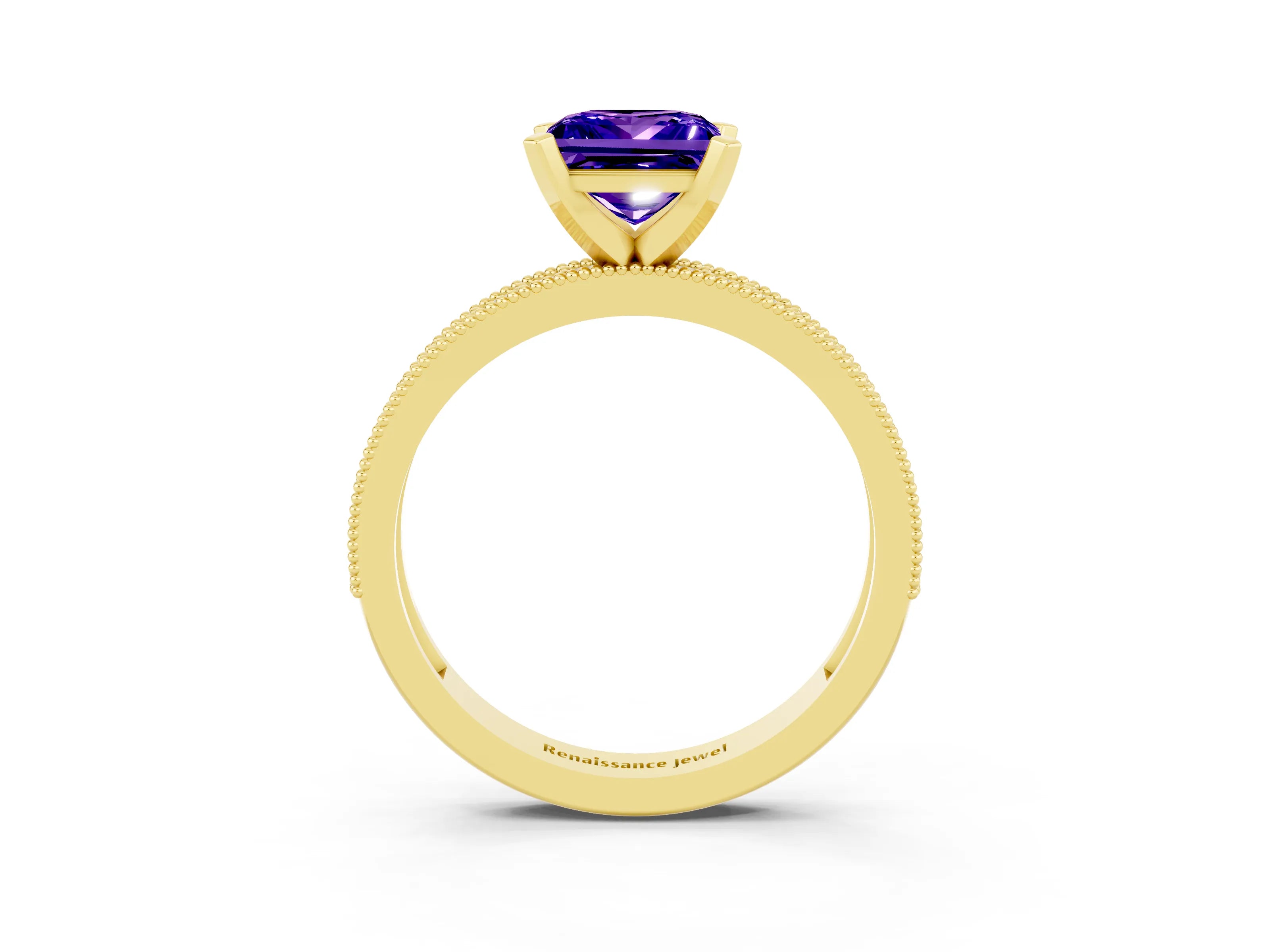 Yellow gold Princess Cut Tanzanite Milgrain Pavé Engagement Ring with Four-Prong Setting_15