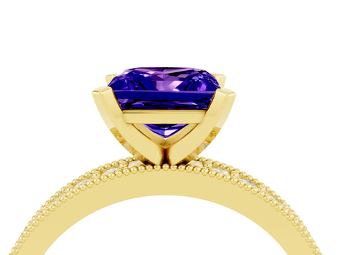 Yellow gold Princess Cut Tanzanite Milgrain Pavé Engagement Ring with Four-Prong Setting_16