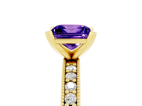 Yellow gold Princess Cut Tanzanite Milgrain Pavé Engagement Ring with Four-Prong Setting_17