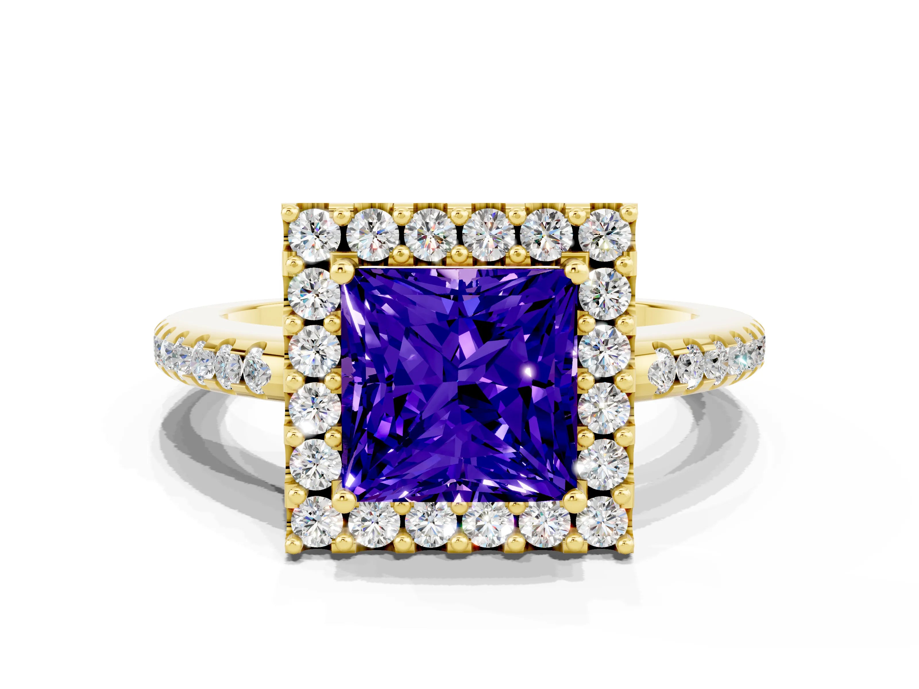 Yellow gold Princess Cut Tanzanite Pavé Halo Ring with Four-Prong Setting_12