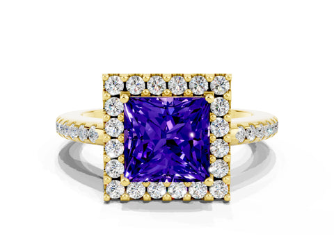Yellow gold Princess Cut Tanzanite Pavé Halo Ring with Four-Prong Setting_12