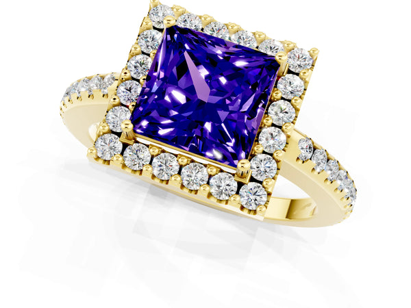 Yellow gold Princess Cut Tanzanite Pavé Halo Ring with Four-Prong Setting
