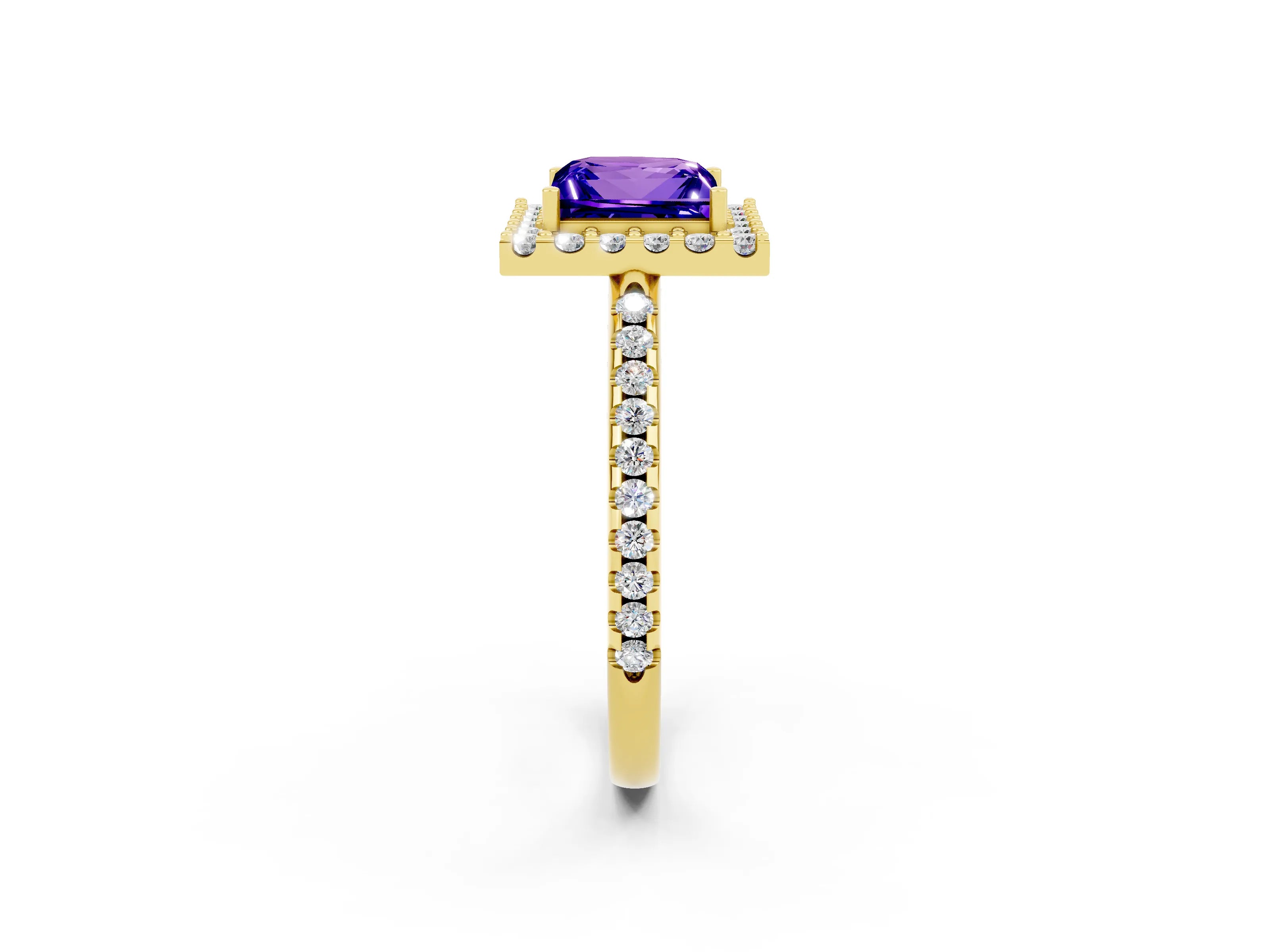 Yellow gold Princess Cut Tanzanite Pavé Halo Ring with Four-Prong Setting_14