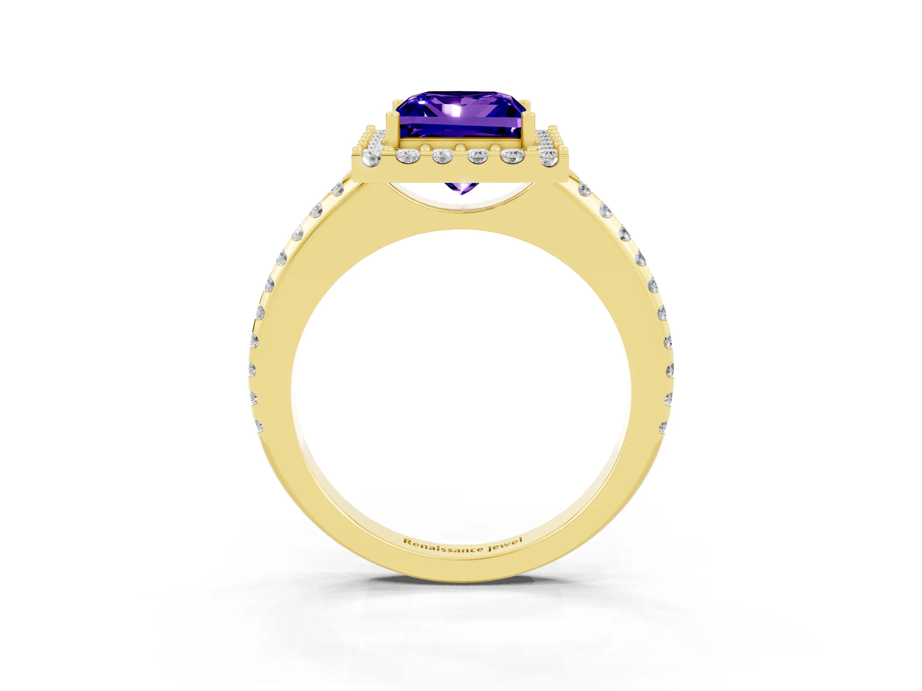 Yellow gold Princess Cut Tanzanite Pavé Halo Ring with Four-Prong Setting_15