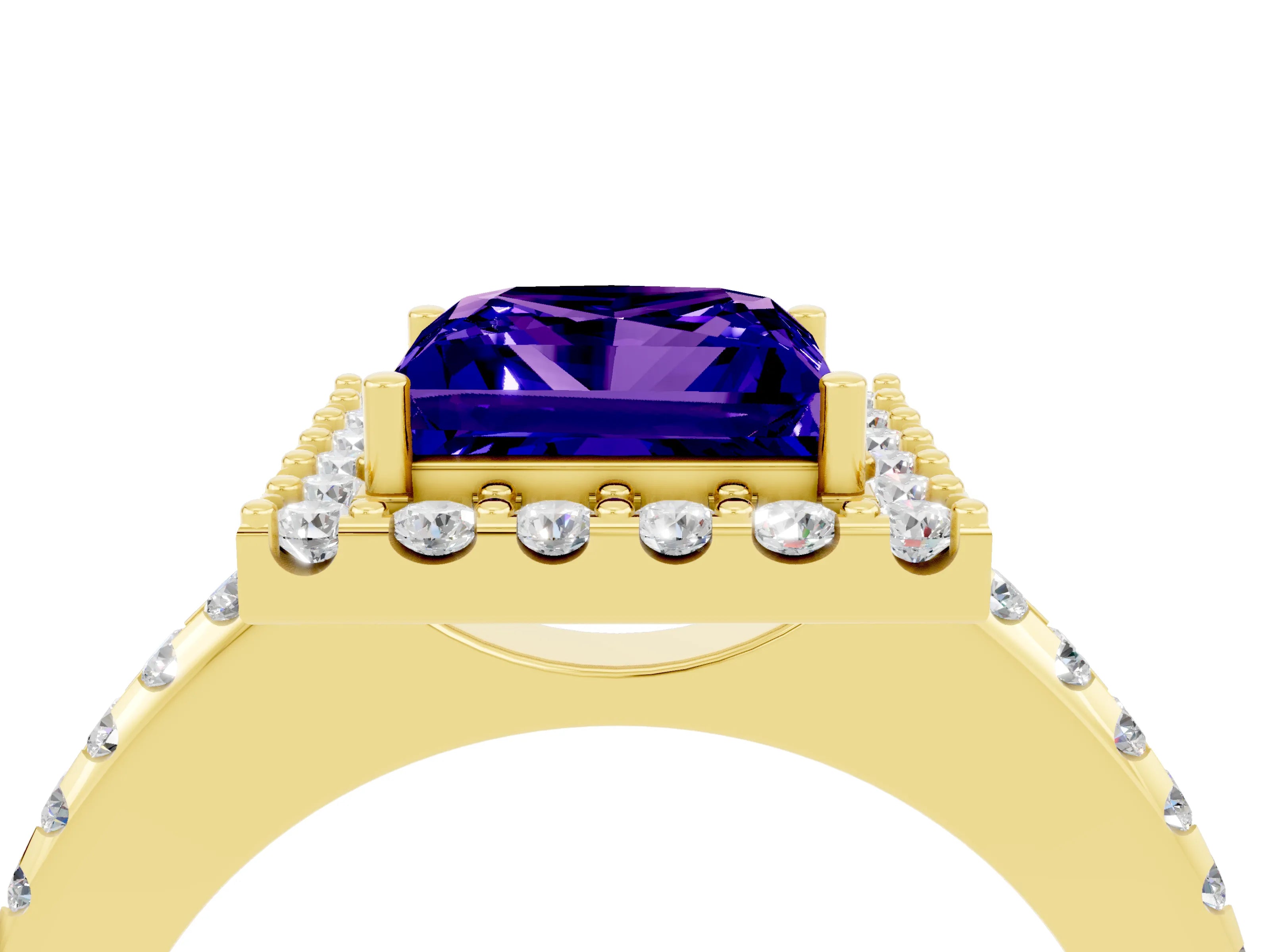 Yellow gold Princess Cut Tanzanite Pavé Halo Ring with Four-Prong Setting_16