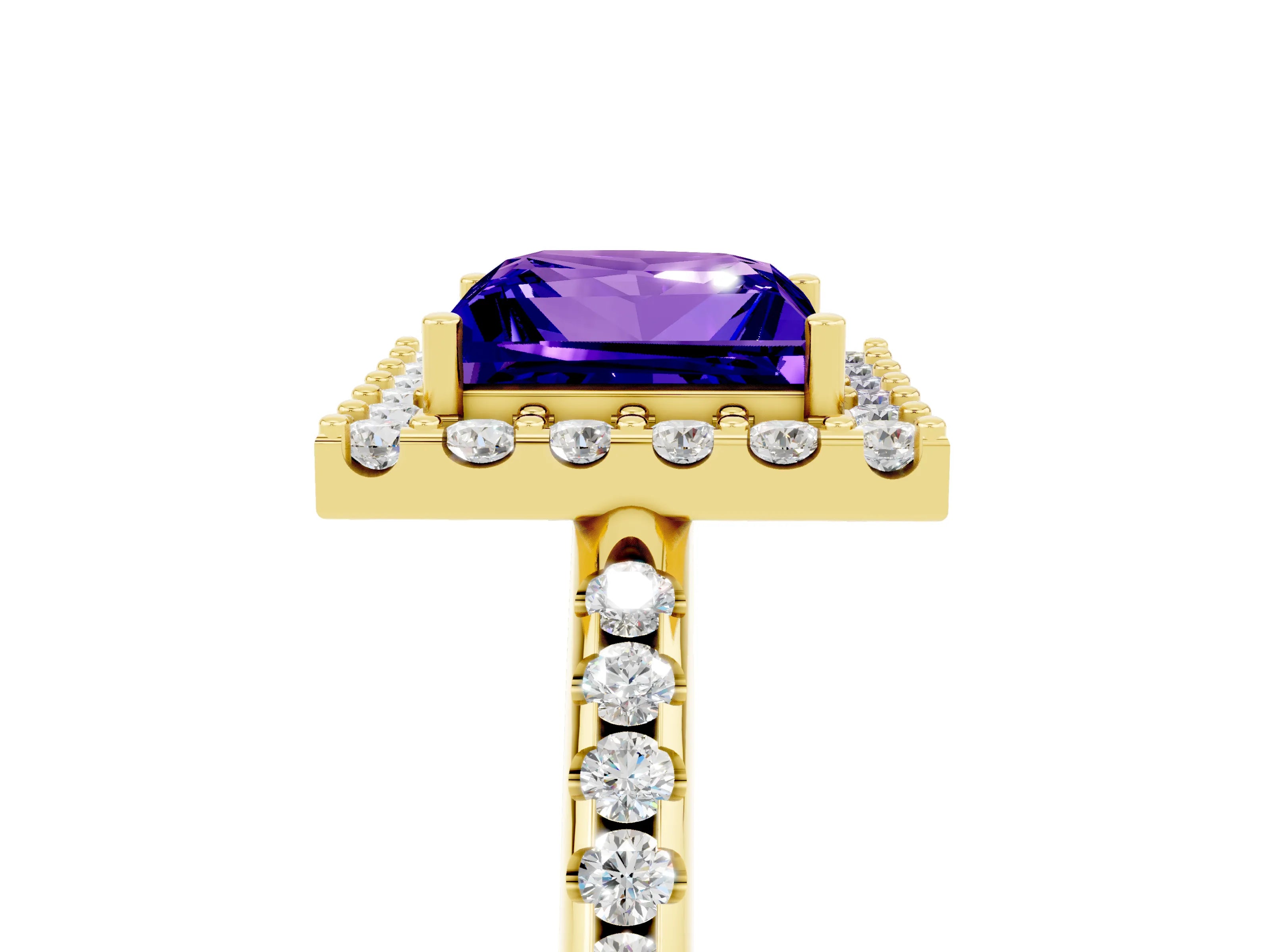 Yellow gold Princess Cut Tanzanite Pavé Halo Ring with Four-Prong Setting_17