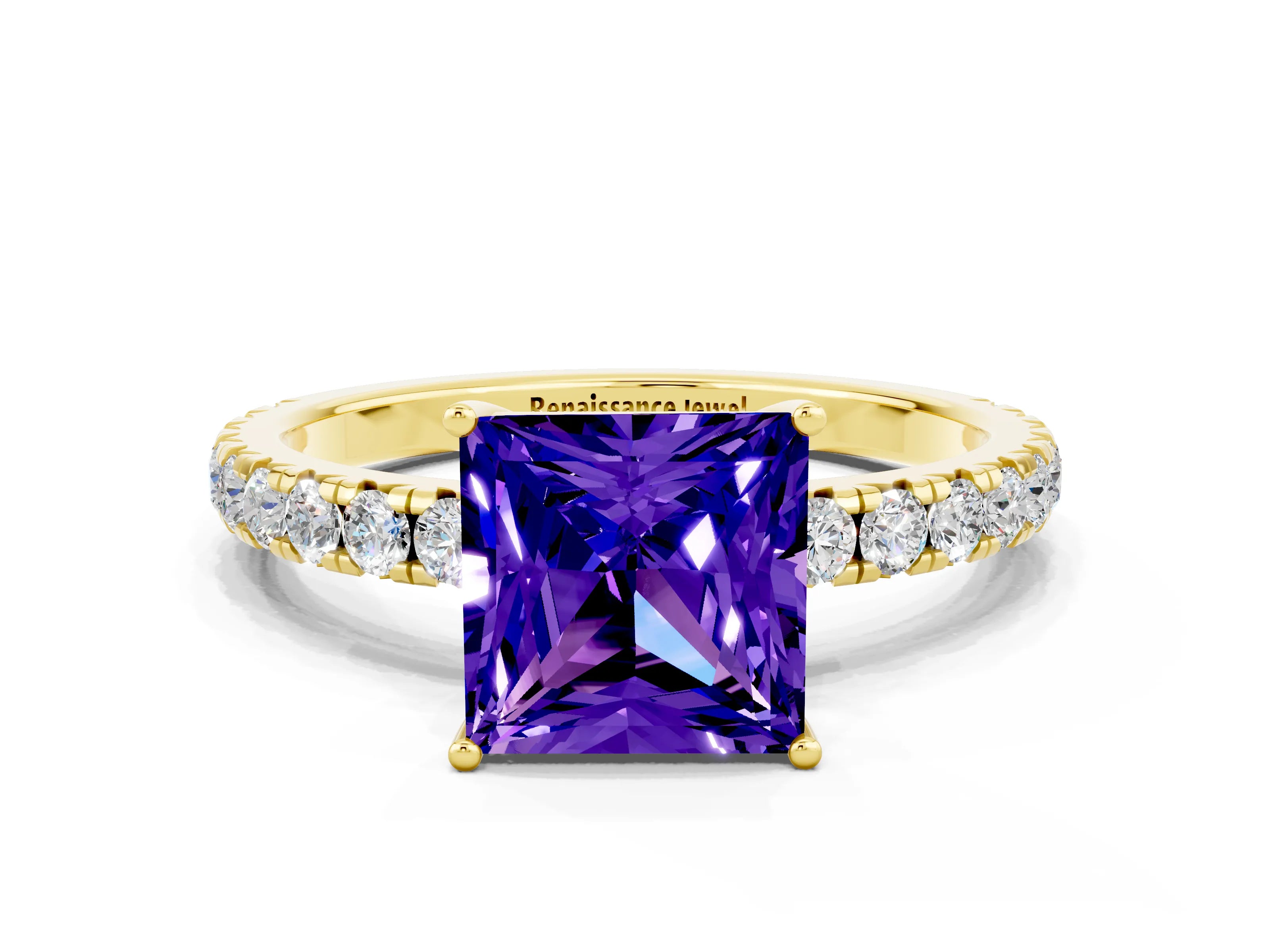 Yellow gold Princess Cut Tanzanite Pavé Solitaire Engagement Ring with Four-Prong Setting_12