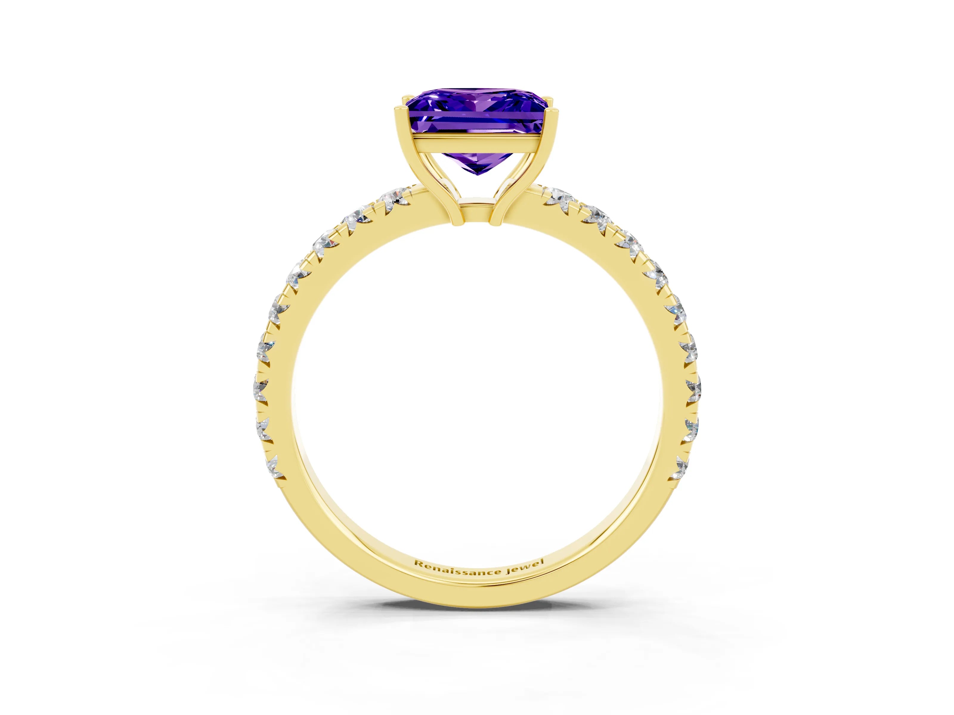 Yellow gold Princess Cut Tanzanite Pavé Solitaire Engagement Ring with Four-Prong Setting_15