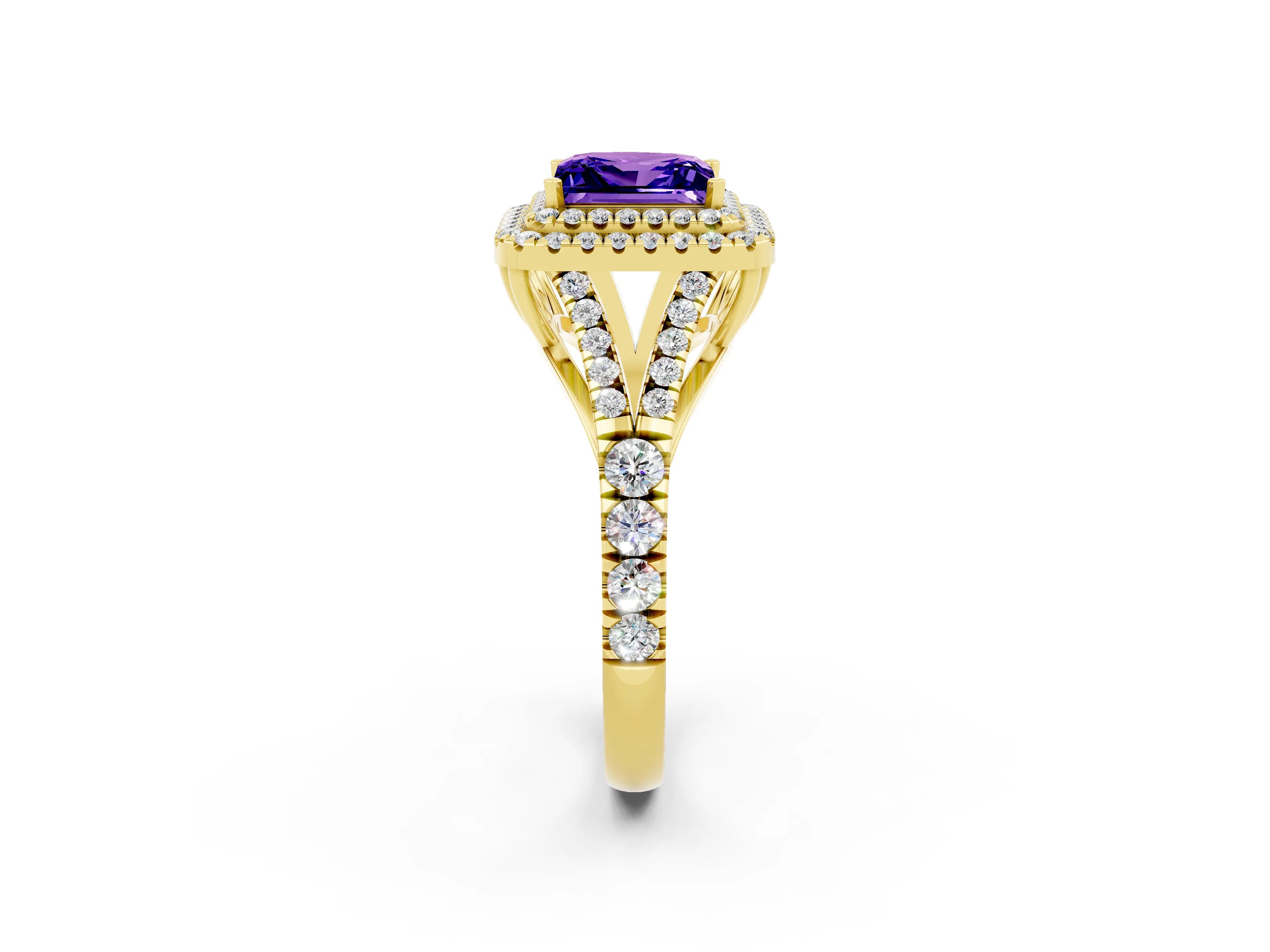 Yellow gold Princess Cut Tanzanite Pavé Split Shank Double Halo Engagement Ring_2