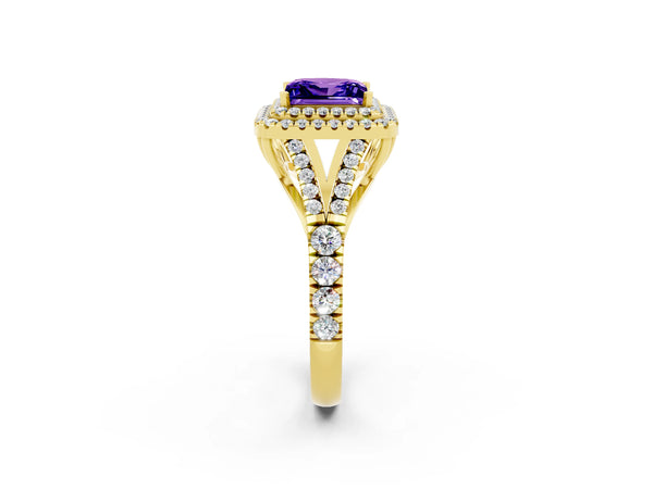 Yellow gold Princess Cut Tanzanite Pavé Split Shank Double Halo Engagement Ring