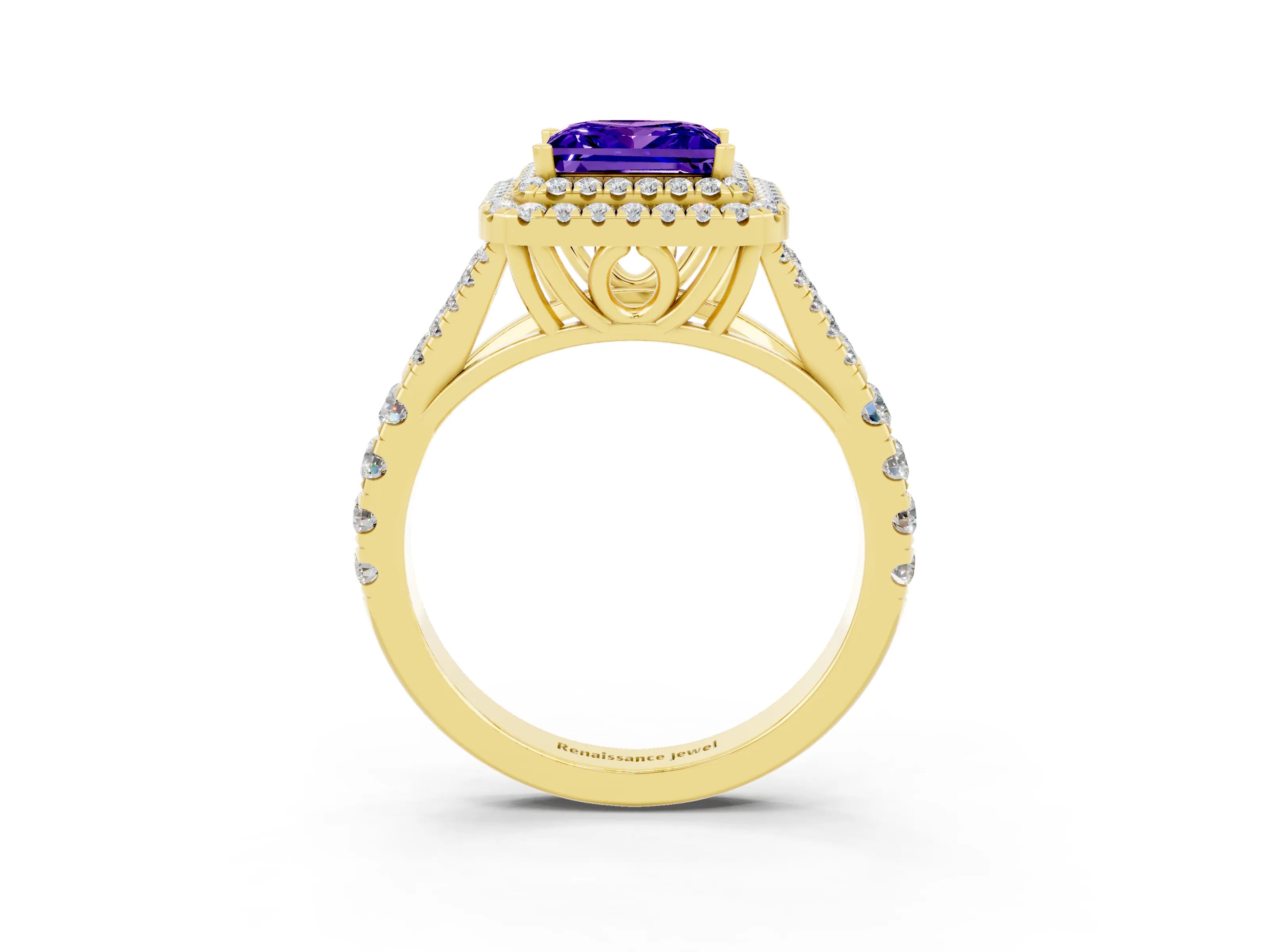 Yellow gold Princess Cut Tanzanite Pavé Split Shank Double Halo Engagement Ring_3