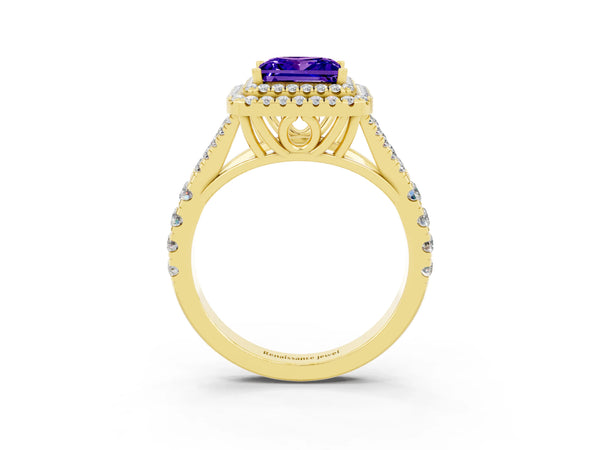 Yellow gold Princess Cut Tanzanite Pavé Split Shank Double Halo Engagement Ring