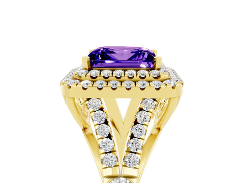 Yellow gold Princess Cut Tanzanite Pavé Split Shank Double Halo Engagement Ring_5