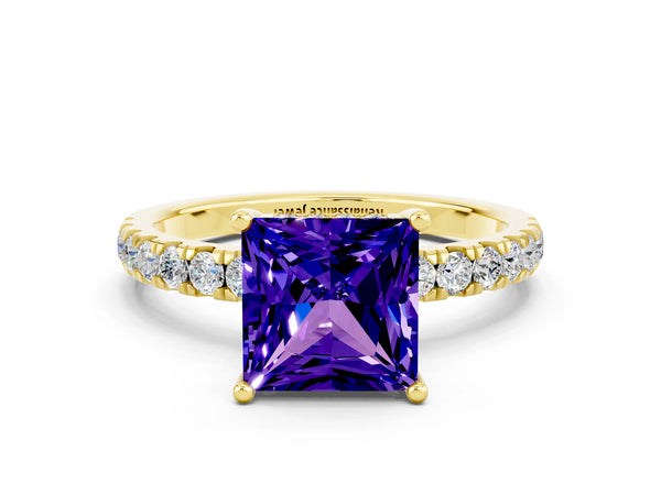 Yellow gold Princess Cut Tanzanite Pave Band Solitaire Ring with Round  and Prong Setting