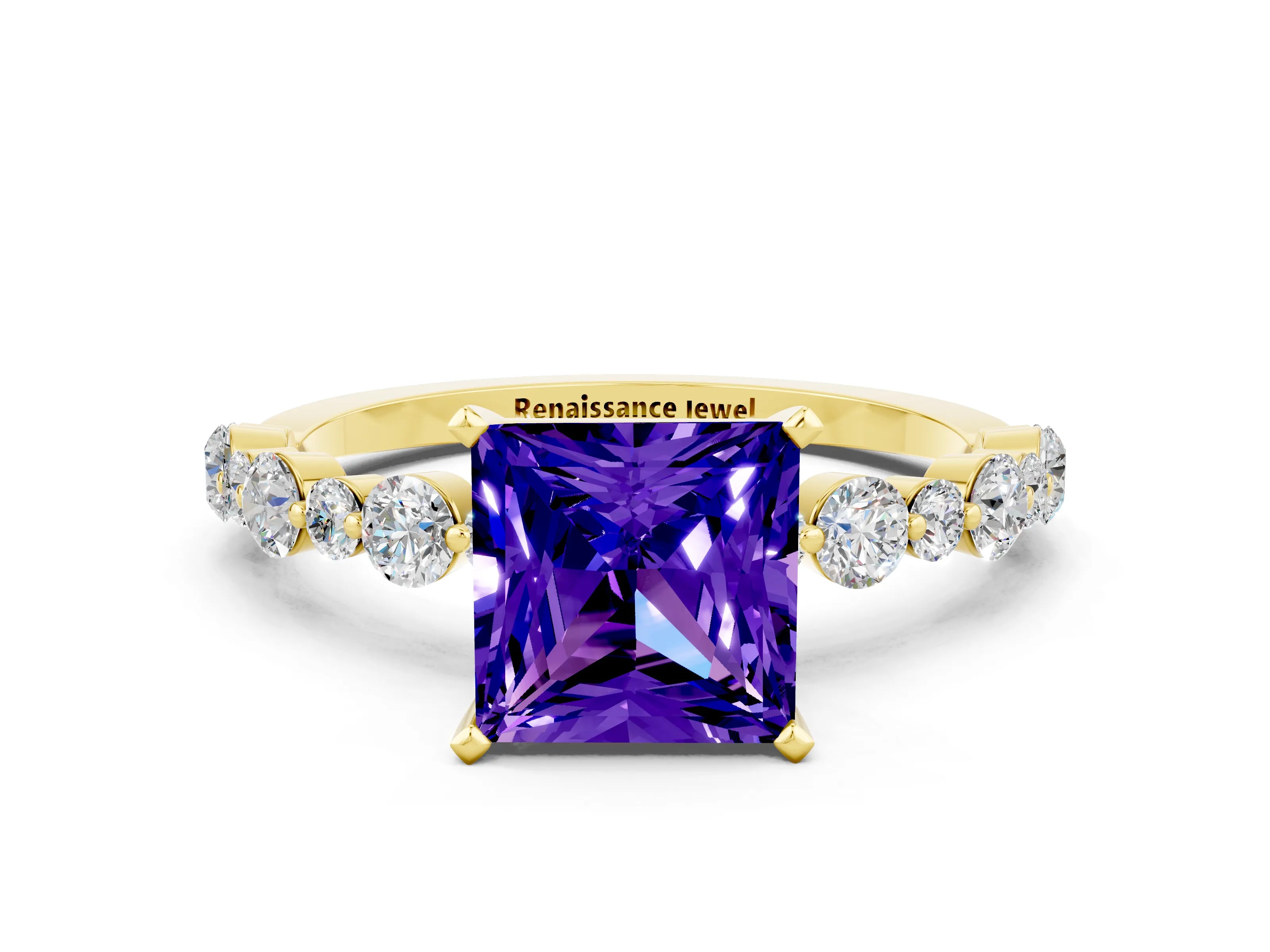 Yellow gold Princess Cut Tanzanite Prong Set Engagement Ring with Pavé Band