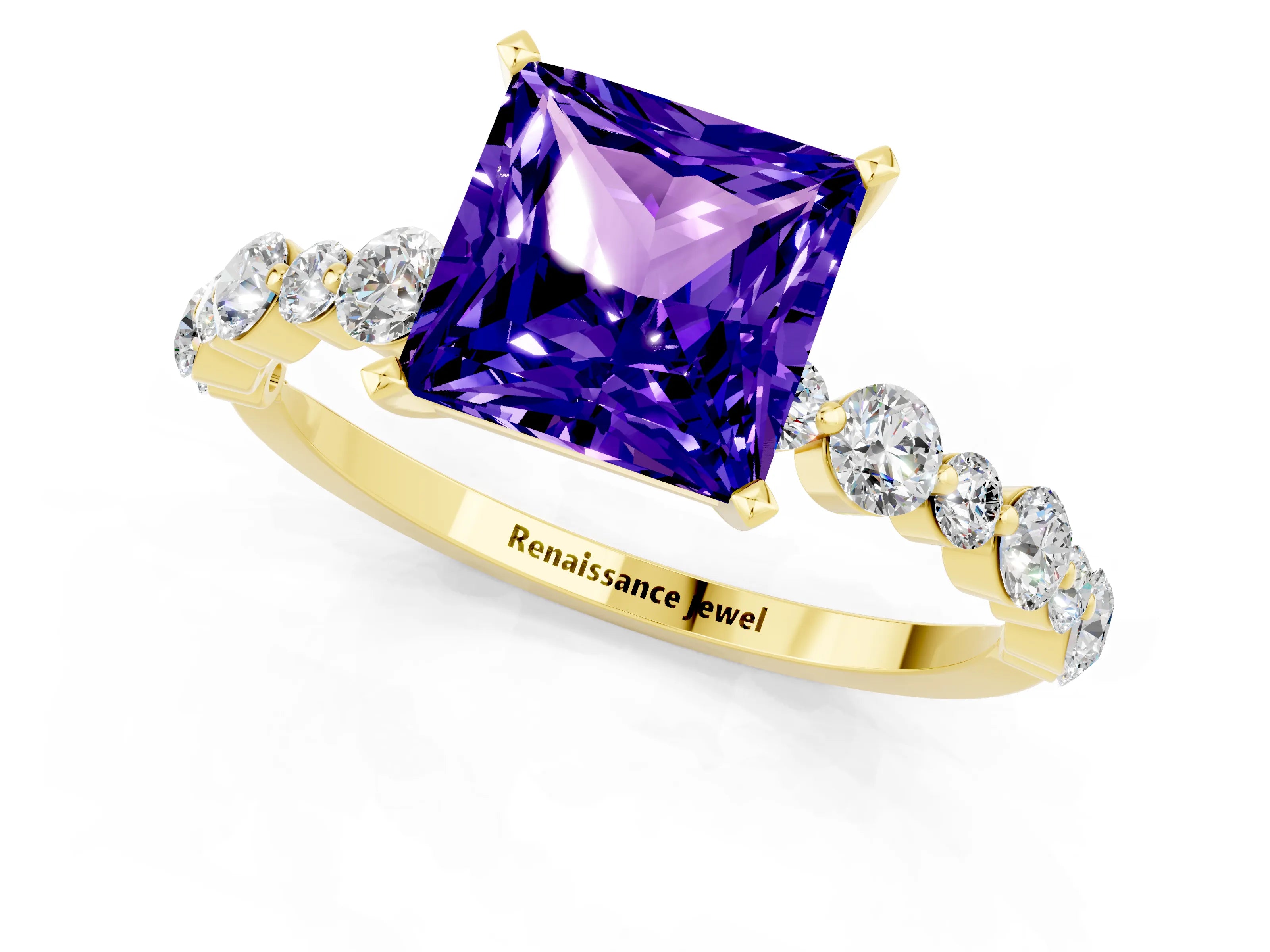 Yellow gold Princess Cut Tanzanite Prong Set Engagement Ring with Pavé Band_1