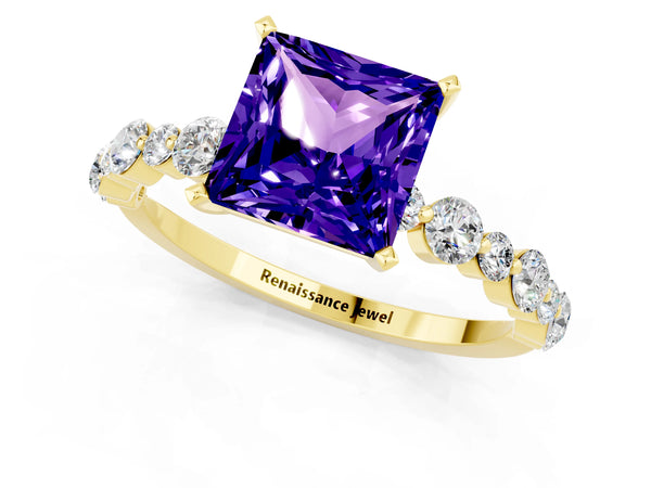 Yellow gold Princess Cut Tanzanite Prong Set Engagement Ring with Pavé Band