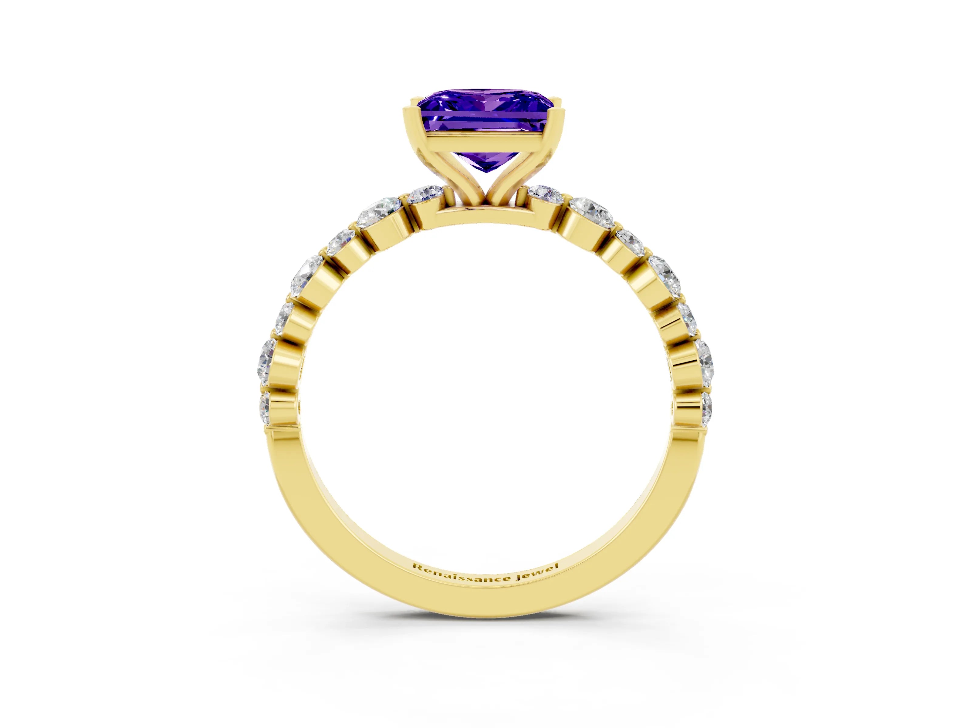 Yellow gold Princess Cut Tanzanite Prong Set Engagement Ring with Pavé Band_3