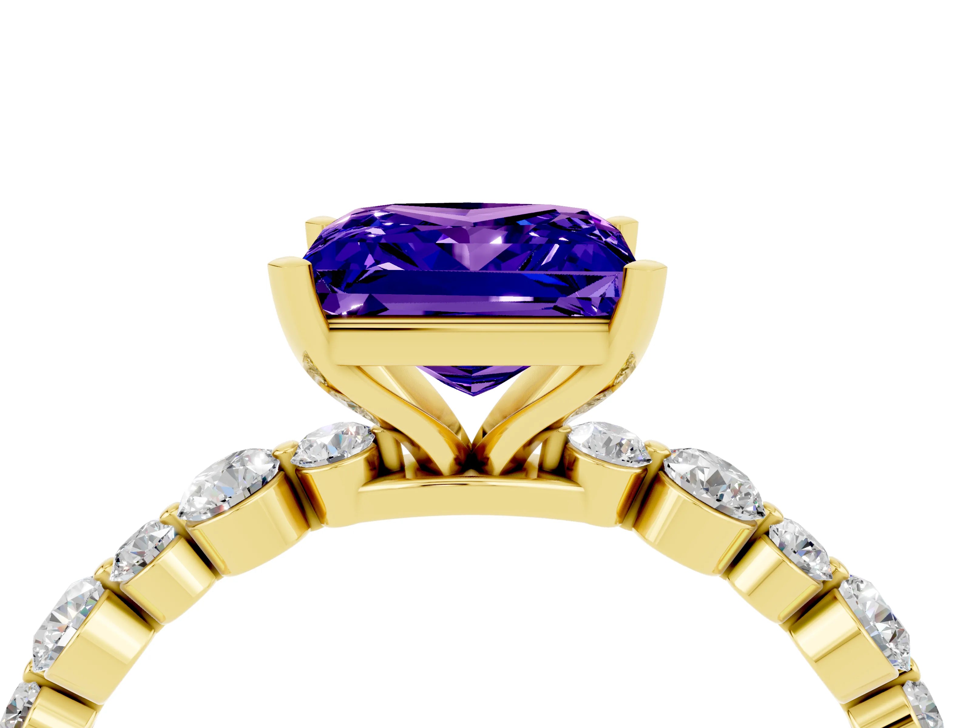 Yellow gold Princess Cut Tanzanite Prong Set Engagement Ring with Pavé Band_4