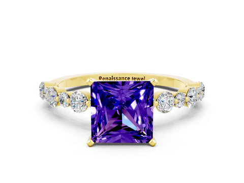 Yellow gold Princess Cut Tanzanite Prong Set Engagement Ring with Pavé Band