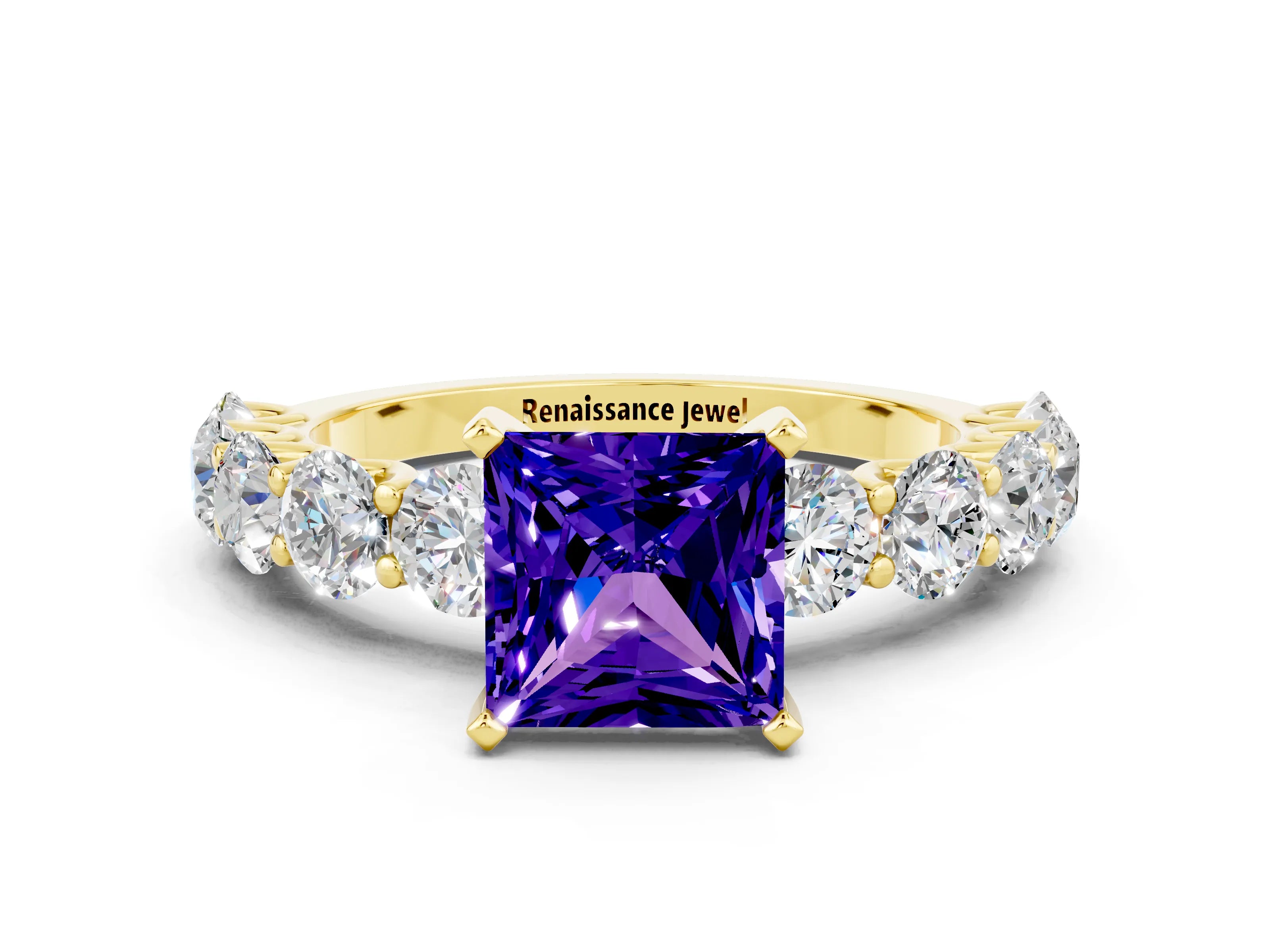 Yellow gold Princess Cut Tanzanite Prong Setting with Side Stones on a Pave Band