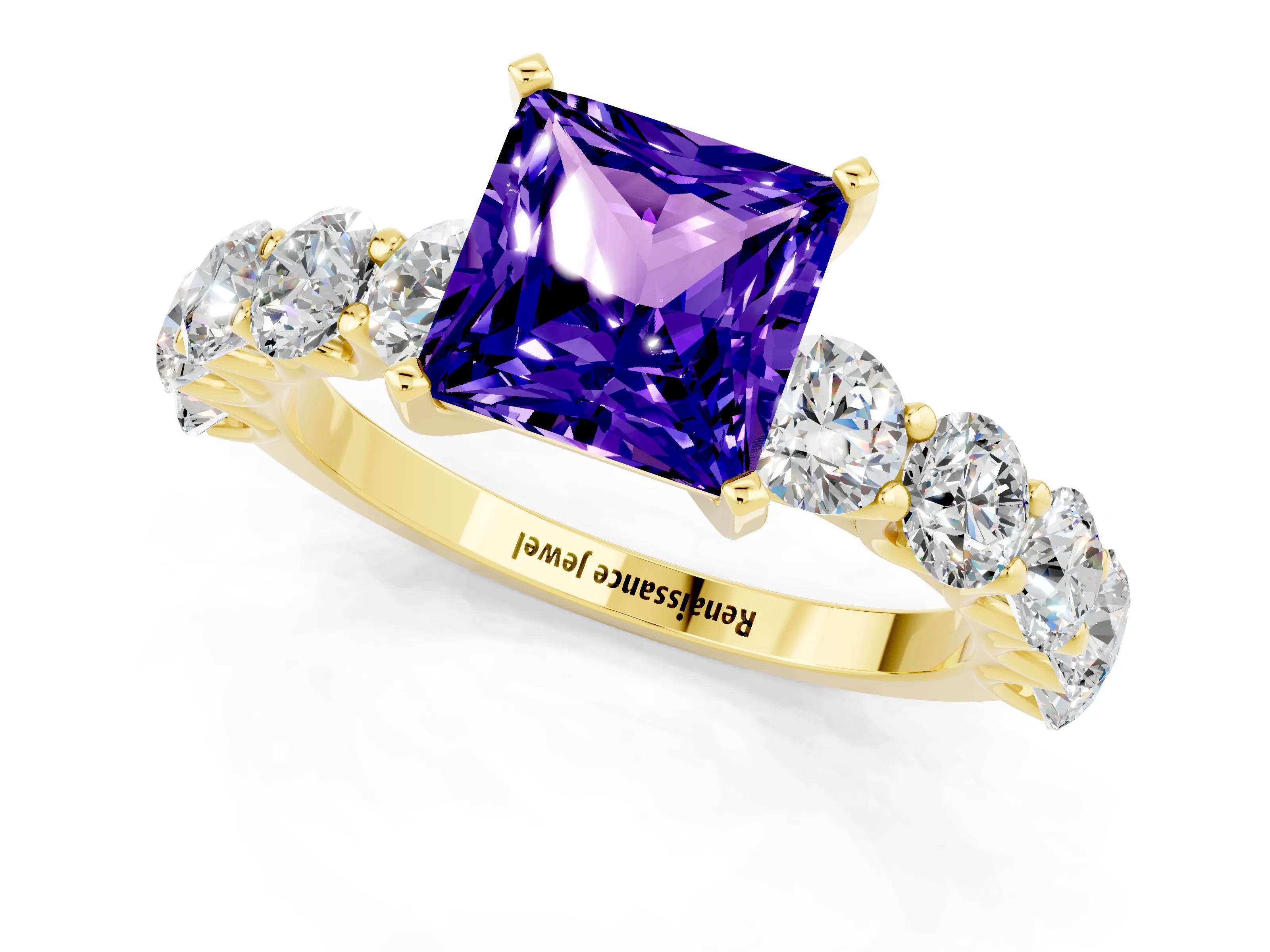 Yellow gold Princess Cut Tanzanite Prong Setting with Side Stones on a Pave Band_1