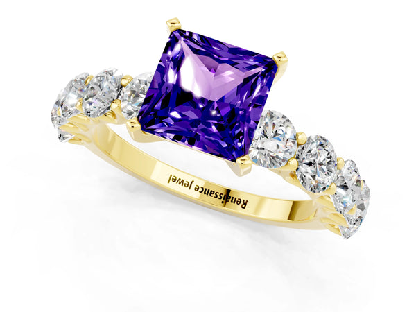 Yellow gold Princess Cut Tanzanite Prong Setting with Side Stones on a Pave Band