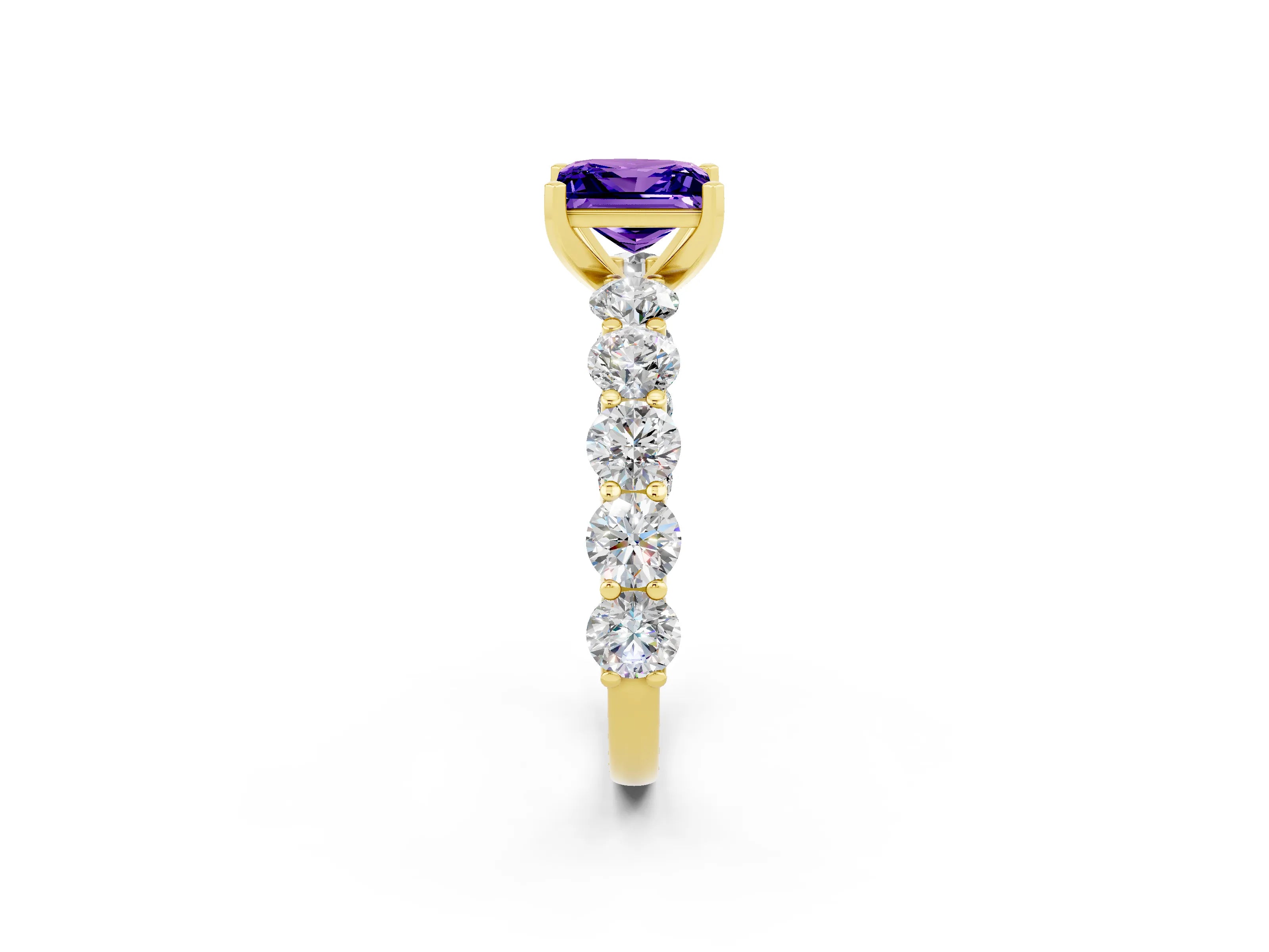 Yellow gold Princess Cut Tanzanite Prong Setting with Side Stones on a Pave Band_2