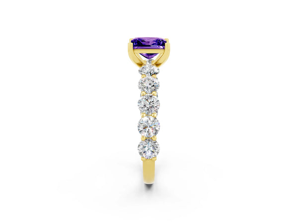 Yellow gold Princess Cut Tanzanite Prong Setting with Side Stones on a Pave Band