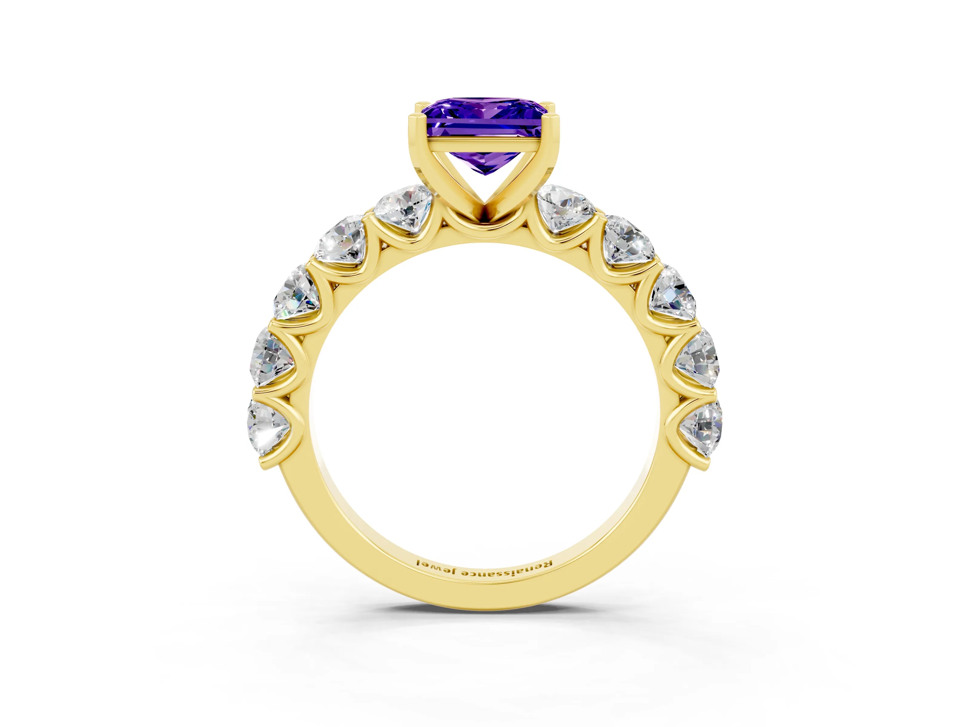 Yellow gold Princess Cut Tanzanite Prong Setting with Side Stones on a Pave Band_3