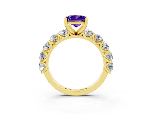 Yellow gold Princess Cut Tanzanite Prong Setting with Side Stones on a Pave Band