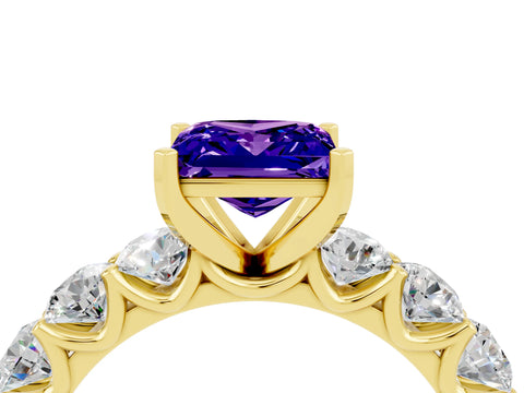 Yellow gold Princess Cut Tanzanite Prong Setting with Side Stones on a Pave Band_4