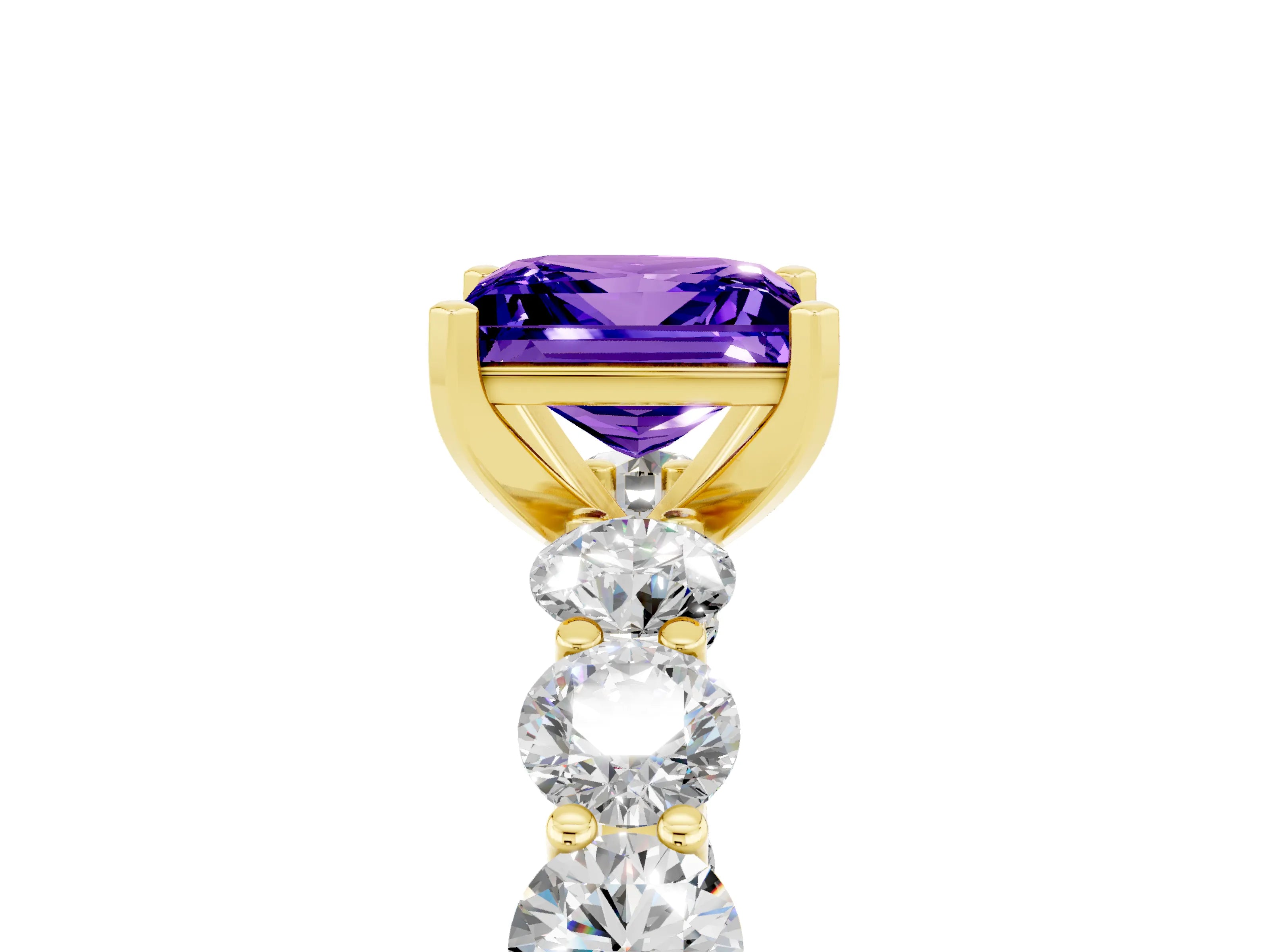 Yellow gold Princess Cut Tanzanite Prong Setting with Side Stones on a Pave Band_5