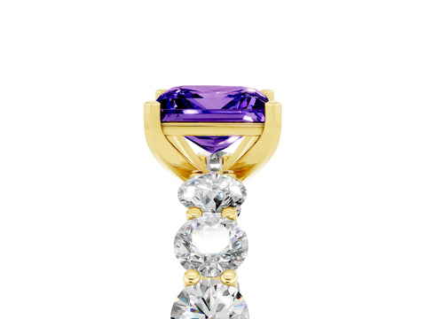 Yellow gold Princess Cut Tanzanite Prong Setting with Side Stones on a Pave Band_5