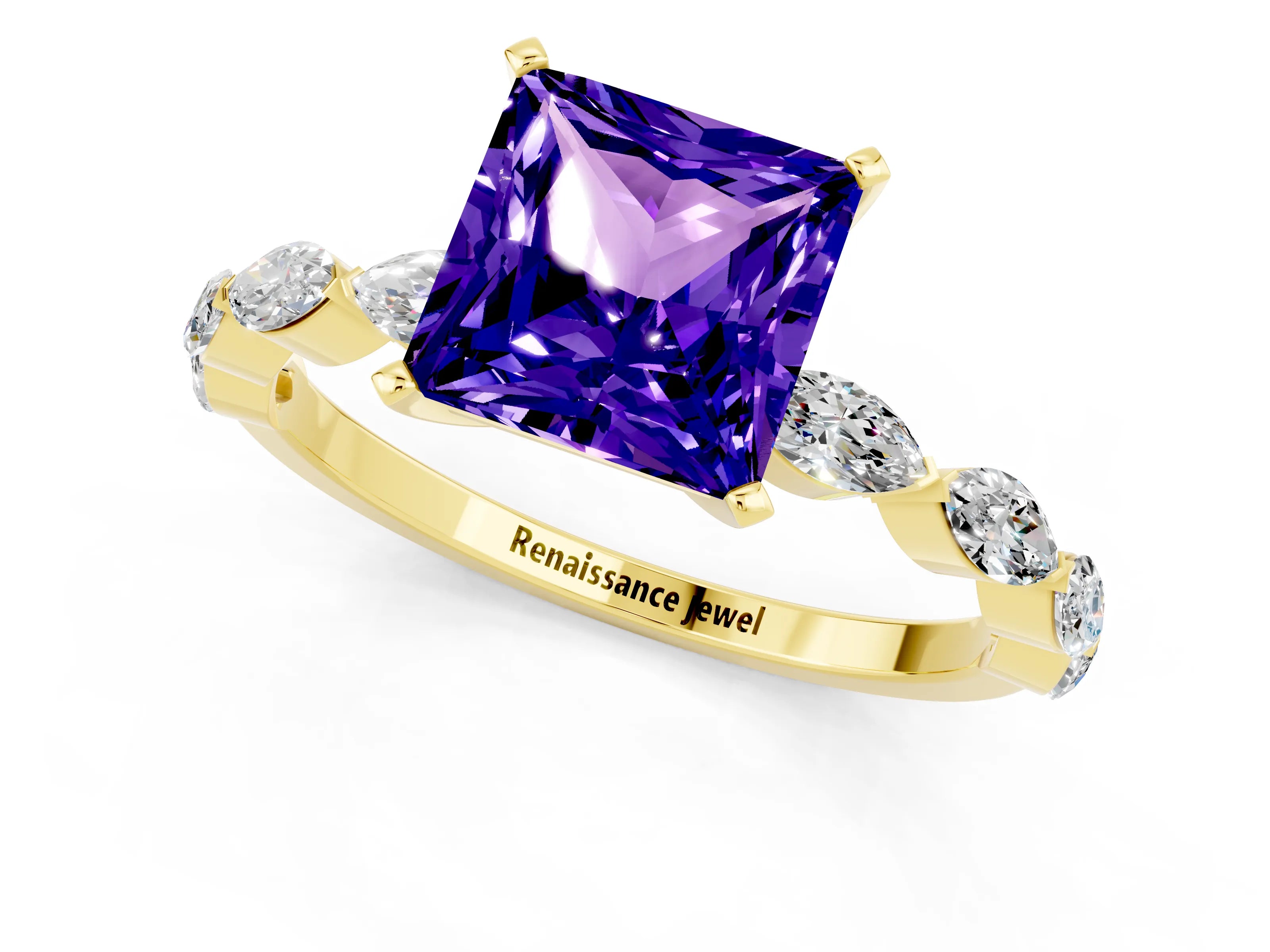 Yellow gold Princess Cut Tanzanite Ring with Marquise Side Stones and Prong Setting_1