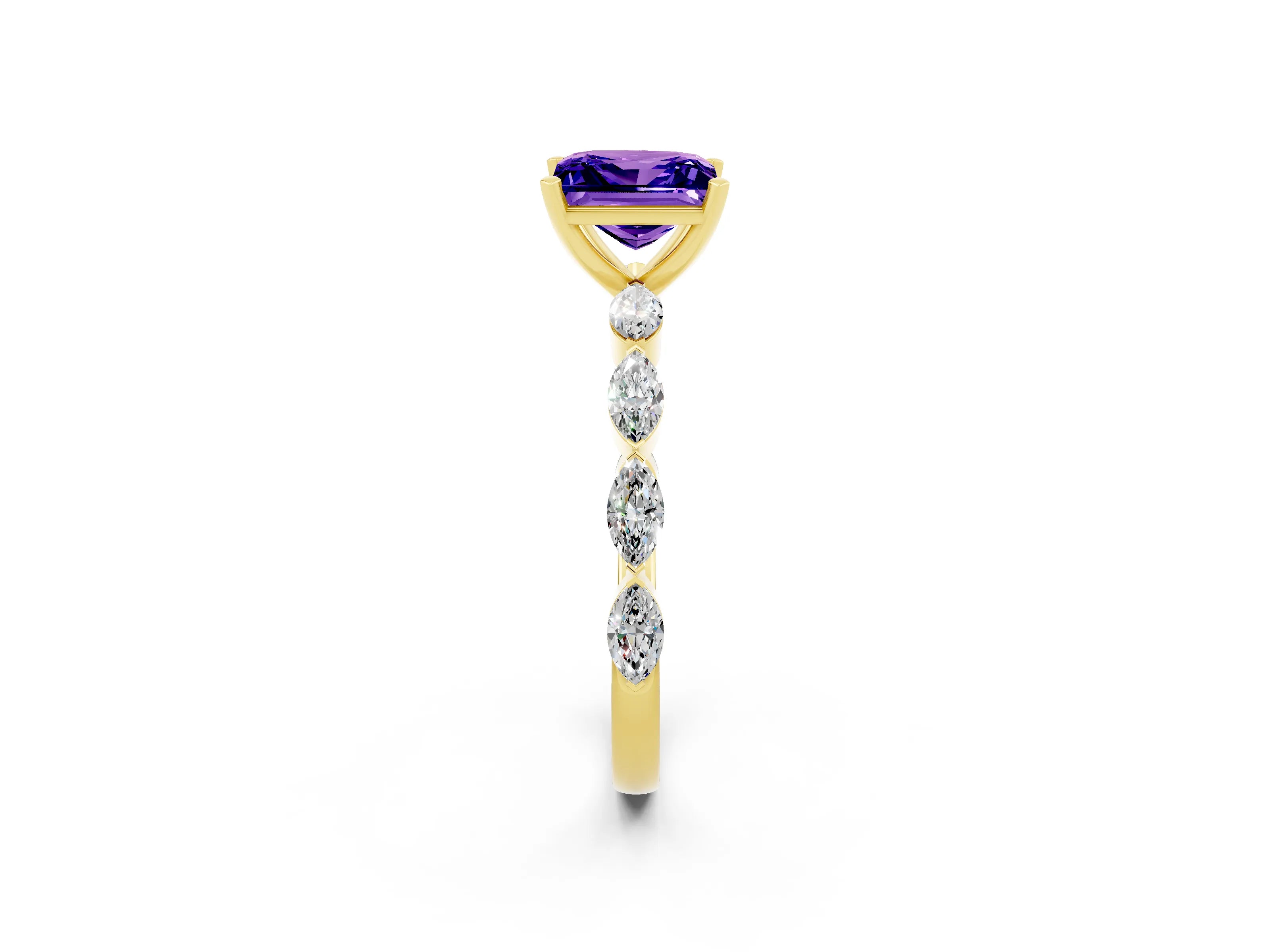 Yellow gold Princess Cut Tanzanite Ring with Marquise Side Stones and Prong Setting_2