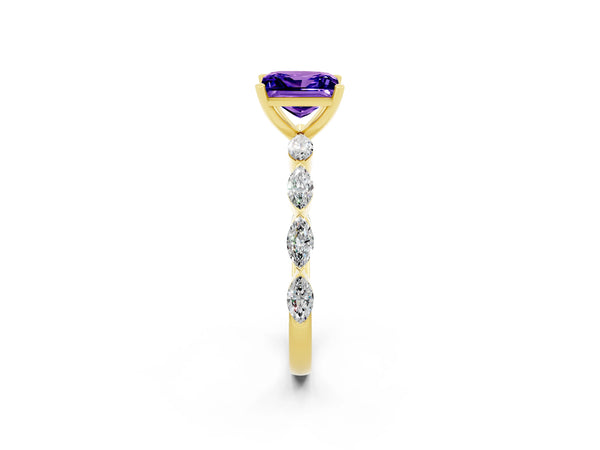 Yellow gold Princess Cut Tanzanite Ring with Marquise Side Stones and Prong Setting
