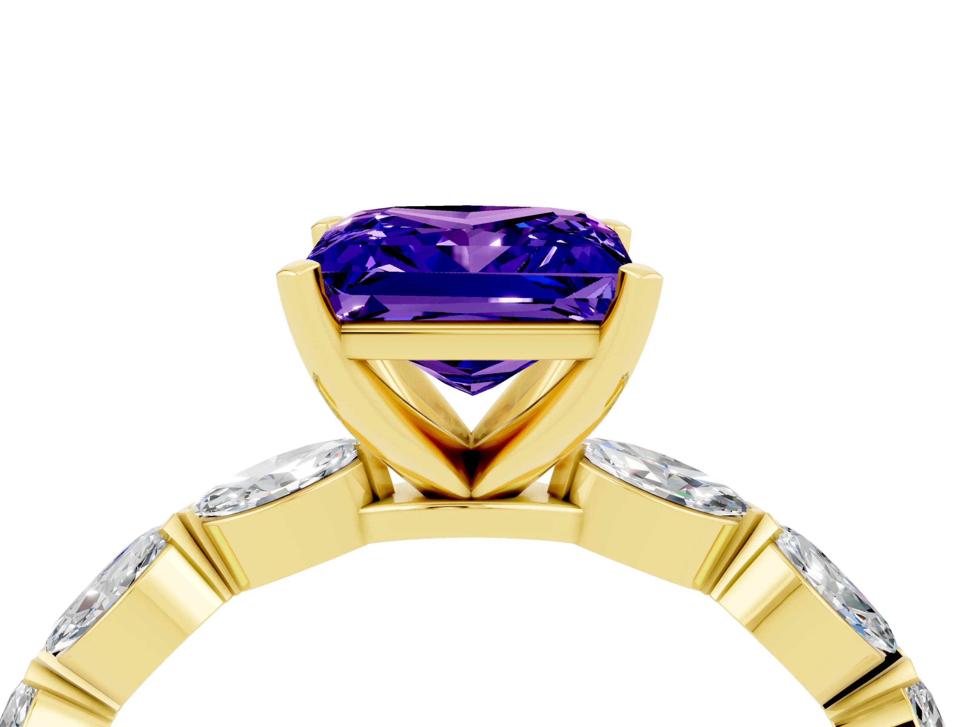 Yellow gold Princess Cut Tanzanite Ring with Marquise Side Stones and Prong Setting_4