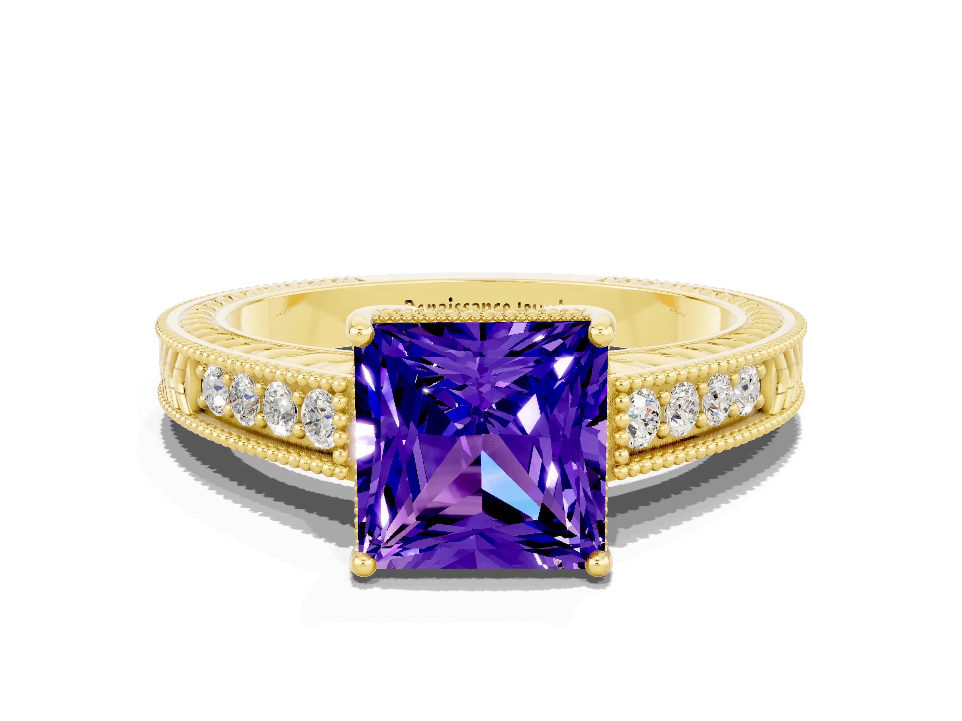 Yellow gold Princess Cut Tanzanite Ring with Milgrain Pavé Band and Four-Prong Setting_12