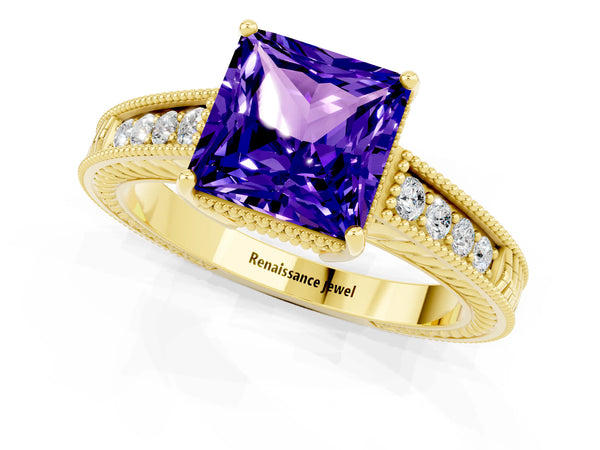 Yellow gold Princess Cut Tanzanite Ring with Milgrain Pavé Band and Four-Prong Setting
