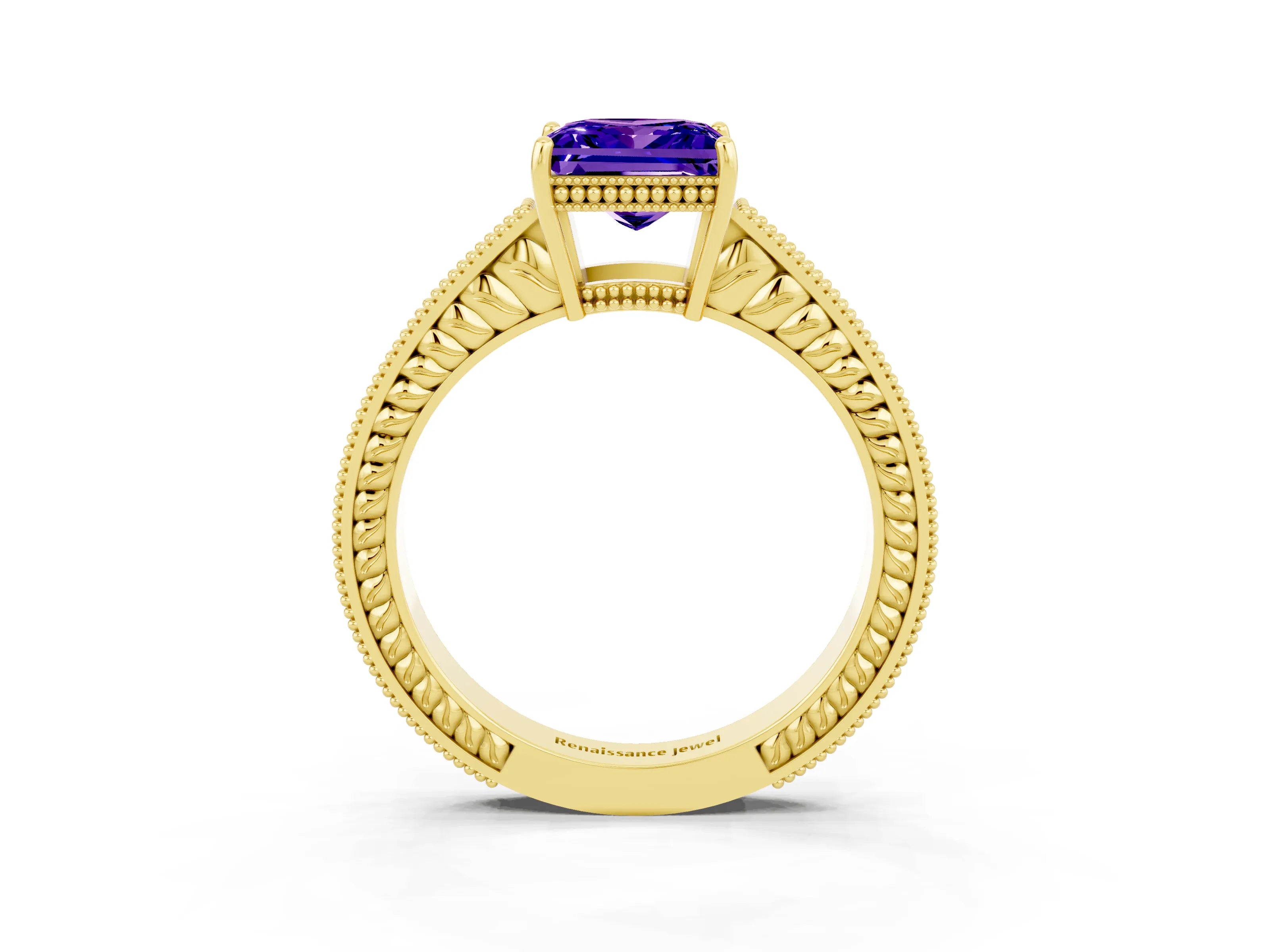 Yellow gold Princess Cut Tanzanite Ring with Milgrain Pavé Band and Four-Prong Setting_15