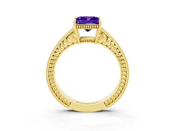 Yellow gold Princess Cut Tanzanite Ring with Milgrain Pavé Band and Four-Prong Setting