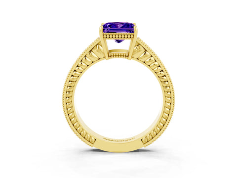 Yellow gold Princess Cut Tanzanite Ring with Milgrain Pavé Band and Four-Prong Setting_15
